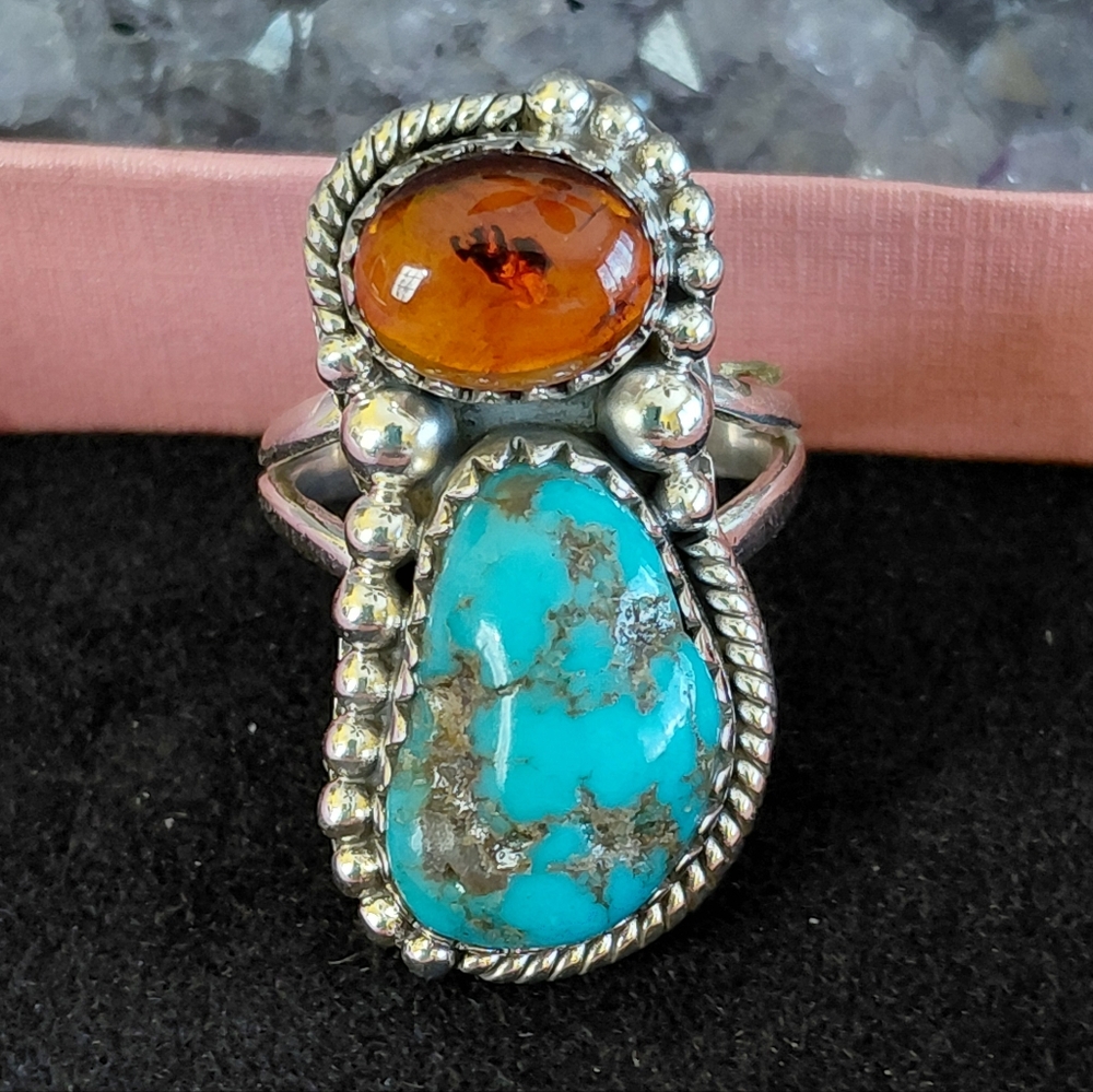 Huge Turquoise and Amber Silver Statement Ring